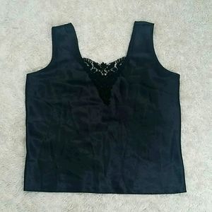 🗝️vintage 90s black shell blouse ESCAPADES satin+lace tank top L/XL